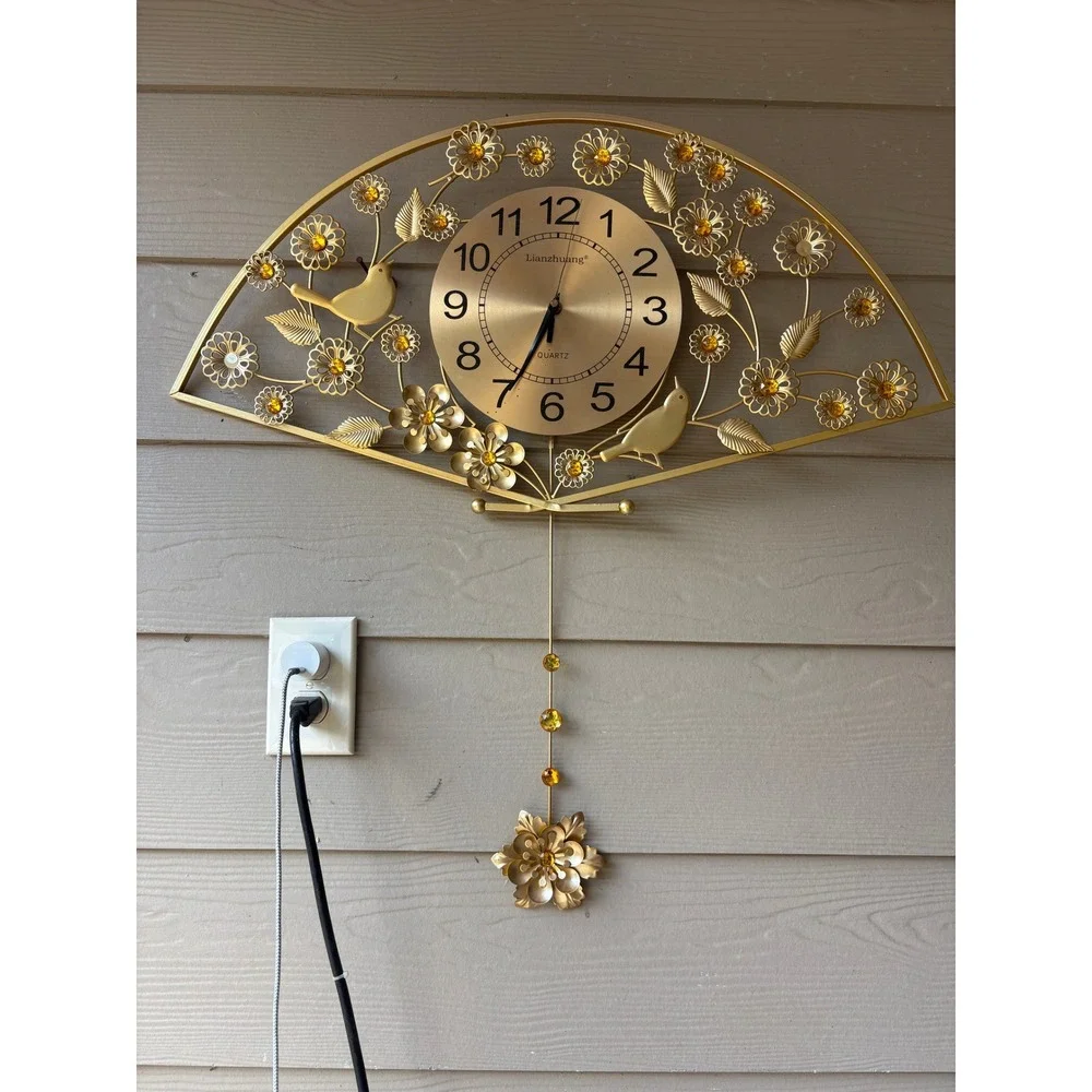 Lianzhuang Gold Fan Wall Clock Floral Bird Pendulum Quartz Crystal Accents 24in